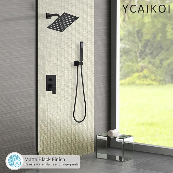 Matte Black Shower System, 8 Inch High Pressure Rain Shower with Handheld, Wall Mount Shower Faucet Set for Bathroom, Rough-in Valve Body and Trim Included