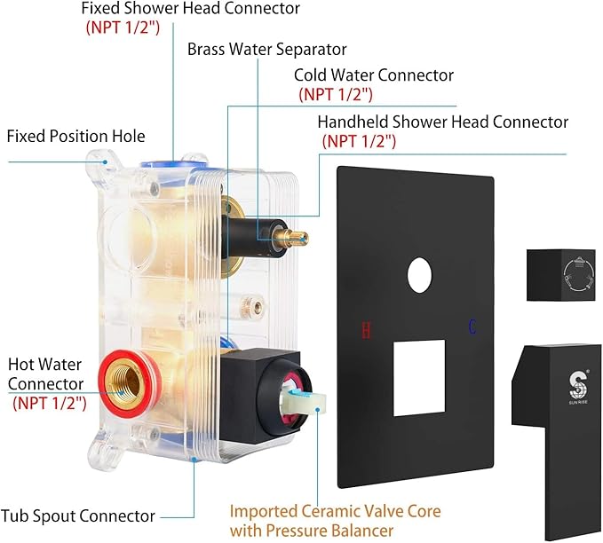 SR SUN RISE 8 Inches All Metal Bathtub and Shower Faucet Combo Shower System with Tub Spout, Shower Tub Faucets Sets Complete Shower Head with Handheld Shower Fixtures, Valve Included, Matte Black