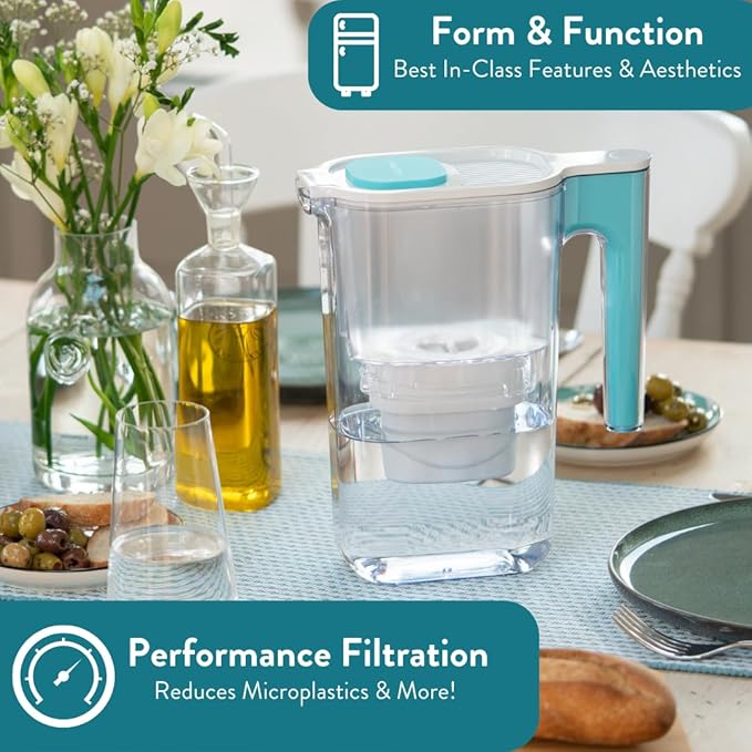 Perfect Pour Small 6 Cup Water Filter Pitcher by Aqua Optima, Reduces Microplastics, Ergonomic, Eliminates Splashes and Spills, BPA Free, NSF Certified, Includes 3 Evolve+ Water Filters, Blue