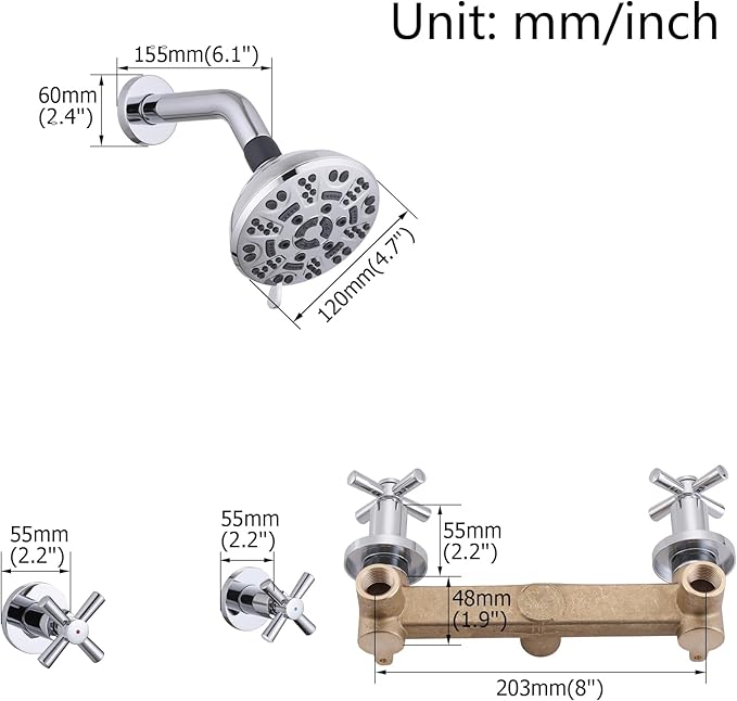2 Handle Shower Faucet,Wall Mounted Two Handles Shower Faucet Set with 8 Modes Rainfall Shower Head,2 Knobs Single Function Shower Trim Kit with Rough-in Valve,Chrome