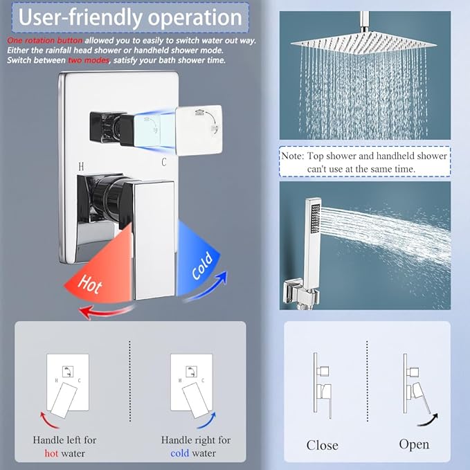 12 Inch Polish Chrome Ceiling Mount Shower System Bathroom Luxury Rain Mixer Shower Combo Set Ceiling Rainfall Shower Head System Faucet Contain Rough-in Valve and Trim Included