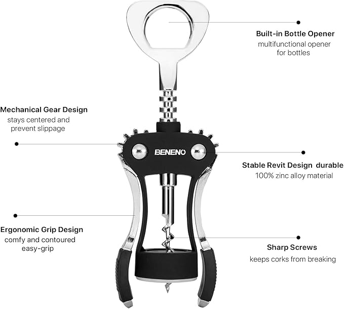 Wine Opener, Zinc Alloy Premium Wing Corkscrew Wine Bottle Opener with Multifunctional Bottles Opener, Sharp Corkscrew with Ergonomic Non-slip Wing Handle, Upgrade Black