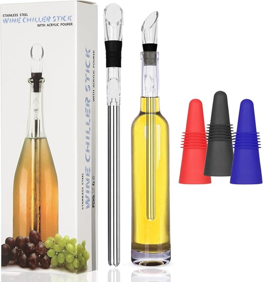 3-in-1 Stainless Steel Wine Chiller Stick, 3 Bottle Stoppers for Free, Wine Bottle Cooler Stick, Rapid Iceless Wine Chilling Rod with Aerator and Pourer, Wine Gift for Wine Lovers.