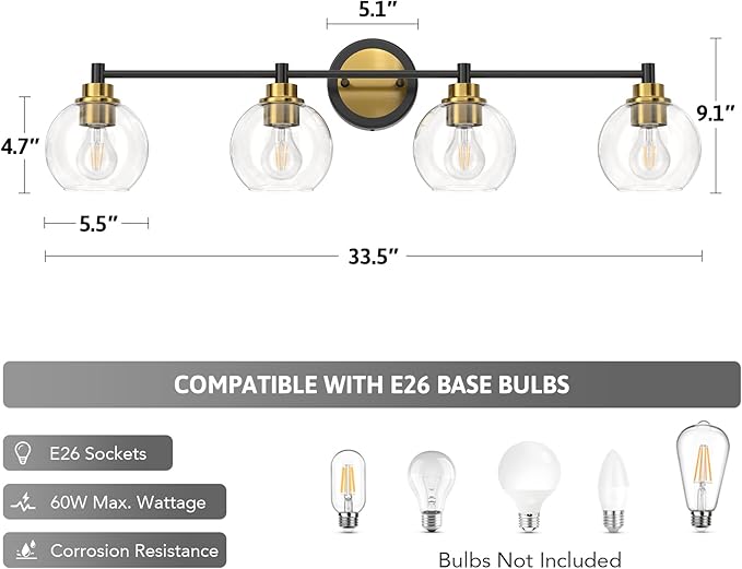 VONLUCE Bathroom Light Fixtures, 4-Light Vanity Lights with Globe Glass Shades, E26 Sockets, Over Mirror for Bedroom Hallway, Black & Gold Finish