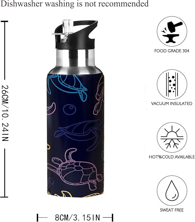 Cute Sea Turtle Sport Water Bottle with Straw, Vacuum Insulated Stainless Steel Thermal Drinking Travel Mug Cups For Gym Fitness Camping-20oz/600ml, Clear