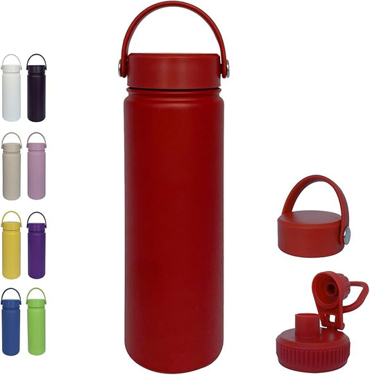 22oz Insulated Water Bottle ，Stainless Steel Sports Water Cup Flask with 2 Lids, Wide Mouth Travel Thermal Mug,Outdoor Sports Bottle（Deep red）