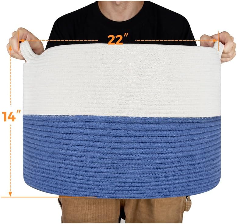 Ravinte Large Storage Basket - 22"x 22"x 14" Blanket Basket for Living Room, Baby Toy Storage Basket, Cotton Rope Basket Woven Laundry Basket (White-Blue)