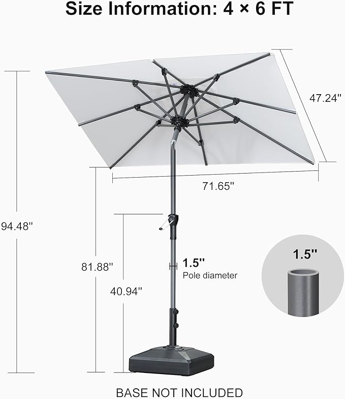 PURPLE LEAF 6' x 4' Rectangular Patio Umbrella Outdoor Table Umbrella Aluminum Frame Market Umbrella Sun Umbrella with 8 Sturdy Ribs Tilt for Garden Deck Lawn Pool White