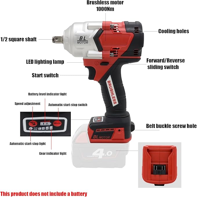 FSYAO 1/2 1000Nm Cordless Impact Wrench, Brushless Wrench. (Body only, no battery included)