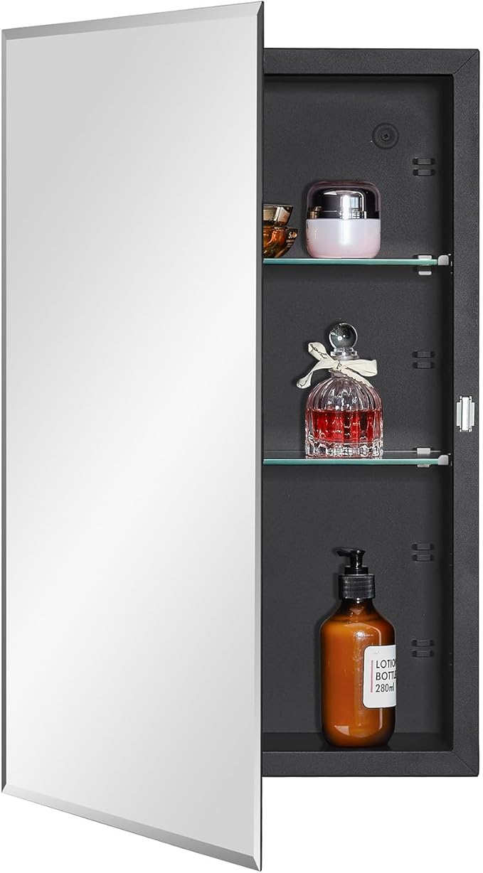 Black Bathroom Medicine Cabinet with Beveled Edge Mirrored Door 15 x 24 inch, Recessed or Surface Mount, with Adjustable Glass Shelves