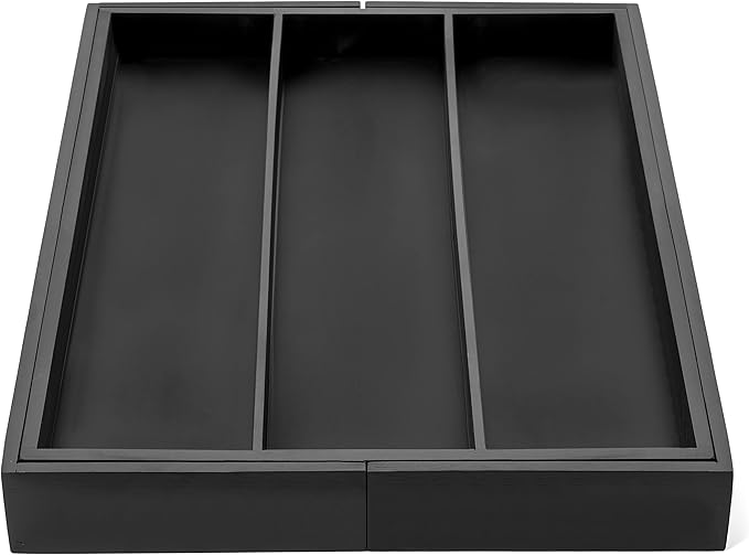 Purawood - Large Premium Bamboo Silverware Organizer - Expandable Kitchen Drawer & Utensil Organizer, 17.5" x 19.75" Cutlery Tray with Drawer Dividers for Kitchen Flatware (3-5 Slots) (Black)