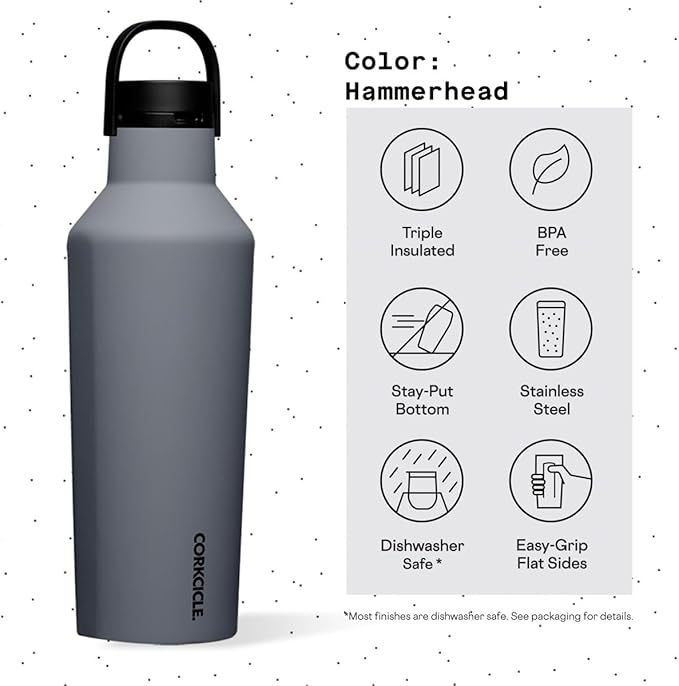 Corkcicle Sport Canteen Insulated Tumbler, Hammerhead, 32 oz – Reusable Water Bottle Keeps Beverages Cold for 25 Hours & Hot 12 Hours – Cupholder Friendly Tumbler with Screw-On Cap
