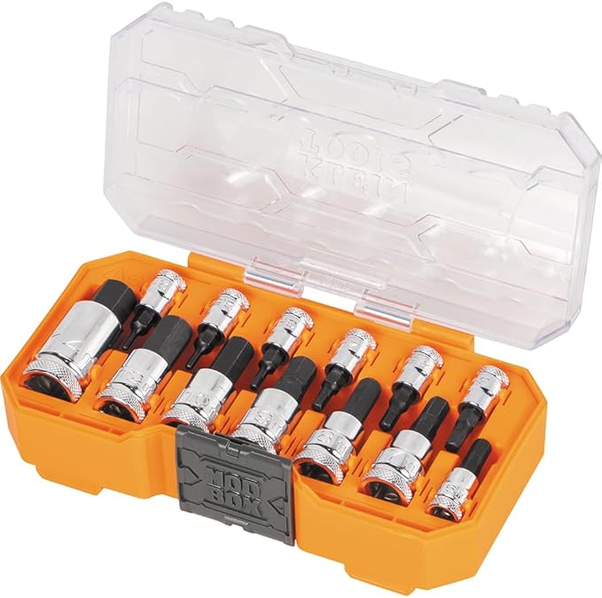 Klein Tools 65213HEXM Knurled Hex Bit Metric Socket Set, 1/4, 3/8 and 1/2-Inch Drives, Premium Cr-V Steel, Metric Sizes 2 mm to 14 mm, MODbox Case, 13-Piece