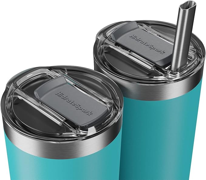 Hidrate Spark PRO Smart Tumbler Bundle – Insulated Stainless Steel – Tracks Water Intake with Bluetooth, LED Glow Reminder When You Need to Drink – 20oz, Sea Glass + 3 Straws
