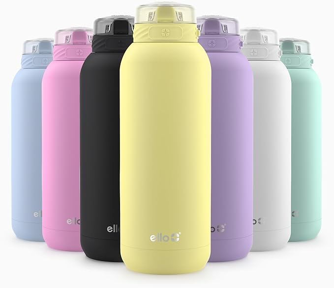Ello Cooper 22oz Stainless Steel Water Bottle with Straw and Carry Handle, Double Walled and Vacuum Insulated Metal, Leak Proof Locking Lid with Soft Silicone Spout, Reusable, BPA Free, Lemonade