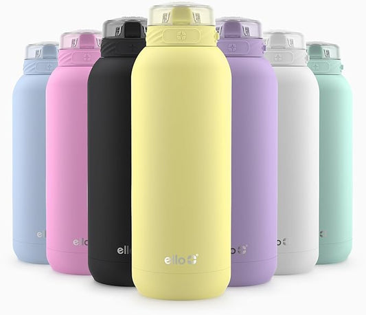 Ello Cooper 22oz Stainless Steel Water Bottle with Straw and Carry Handle, Double Walled and Vacuum Insulated Metal, Leak Proof Locking Lid with Soft Silicone Spout, Reusable, BPA Free, Lemonade