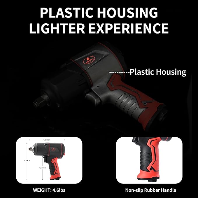 AEROPRO TOOLS 1/2-Inch Composite Air Impact Wrench(A315), Twin Hammer, 1380FT-LBS Max Loosening Torque, 8000RPM, Pneumatic Impact Gun, for Auto Repair, Tire Shop (Lightweight Housing)