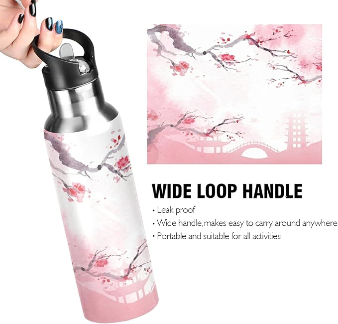 Qilmy Japanese Cherry Blossom Vacuum Insulated Water Bottle with Straw Lid 22oz Double Wall Stainless Steel Sports Water Bottle for Travel Sport, Hot Cold, BPA-Free