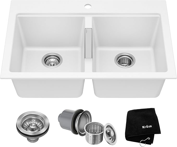 KRAUS Quarza 33-inch Granite Drop-In/Undermount 50/50 Double Bowl White Kitchen Sink, KGD-433BWHITE