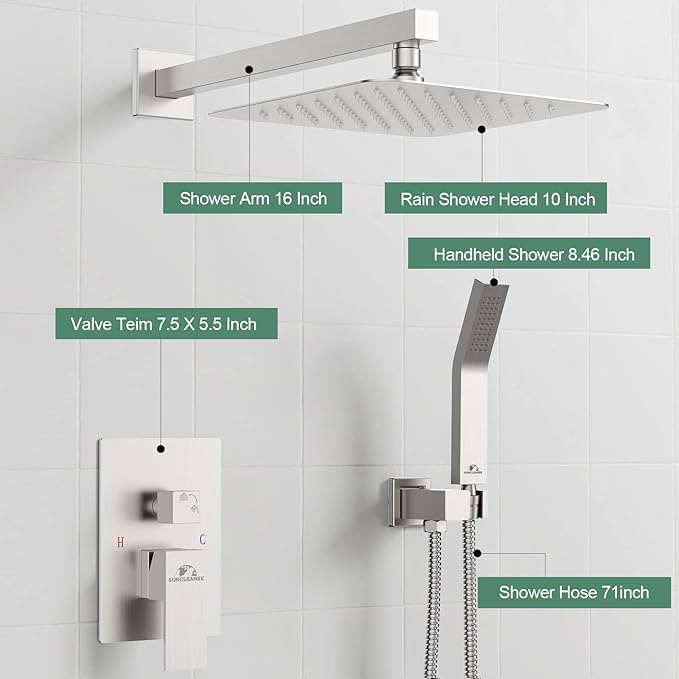 SunCleanse Shower System Rainfall Shower Faucets Set Brushed Nickel, 10 Inch Wall Mounted Rain Shower Head with Handheld Spray Shower Valve and Trim Included