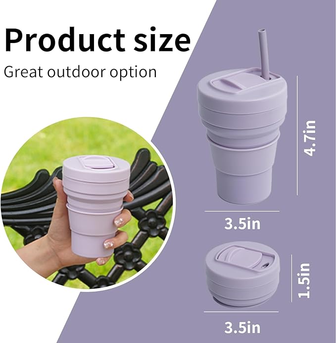 collapsible cup with Straw, Kids Insulated collapsible cups for traveling Leakproof Cup, Portable 350ml Foldable Travel Straw camping cup for Picnic,Hiking,Sports,Camping,Biking (purple)