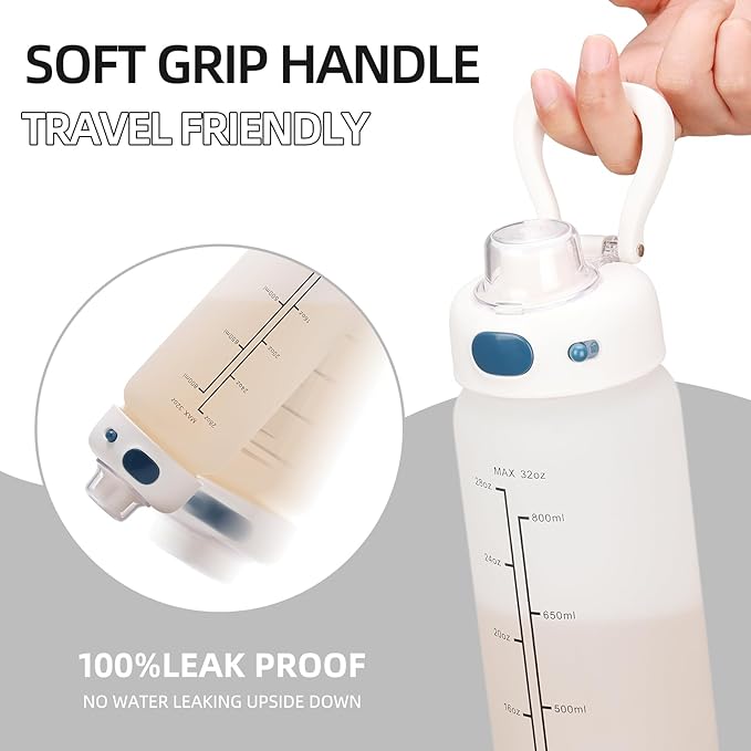 SIEROZUR 32 oz Glass Water Bottle with Straw and Handle Large Sports Motivational Water Bottle with Locking Lid and Time Marker Leakproof Water Jug for Daily Hydration Intake BPA Free