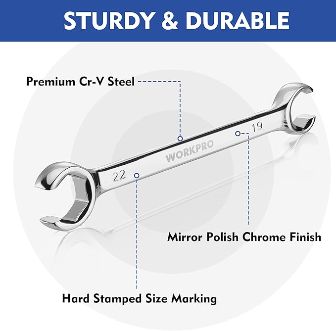 WORKPRO 4-Piece Flare Nut Wrench Set, Metric Brake Line Wrenches 10, 12, 13, 14, 15, 17, 19, 22mm, Cr-V Steel, 15° Offset Head Tubing Wrench, Organizer Pouch Included