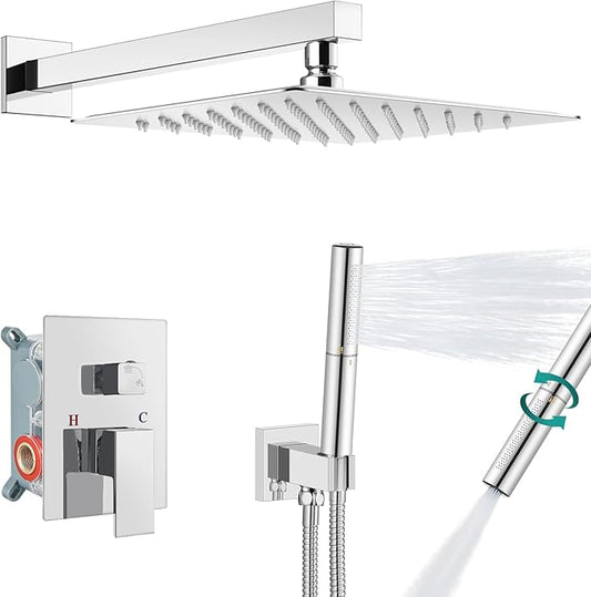 Aolemi Shower System with Rainfall Shower Head and Handheld Wall Mount,High Pressure Shower Faucet Set Fixture Combo with 2 in 1 Handheld Spray Rough-in Valve,16 Inch Shower Head Polish Chrome