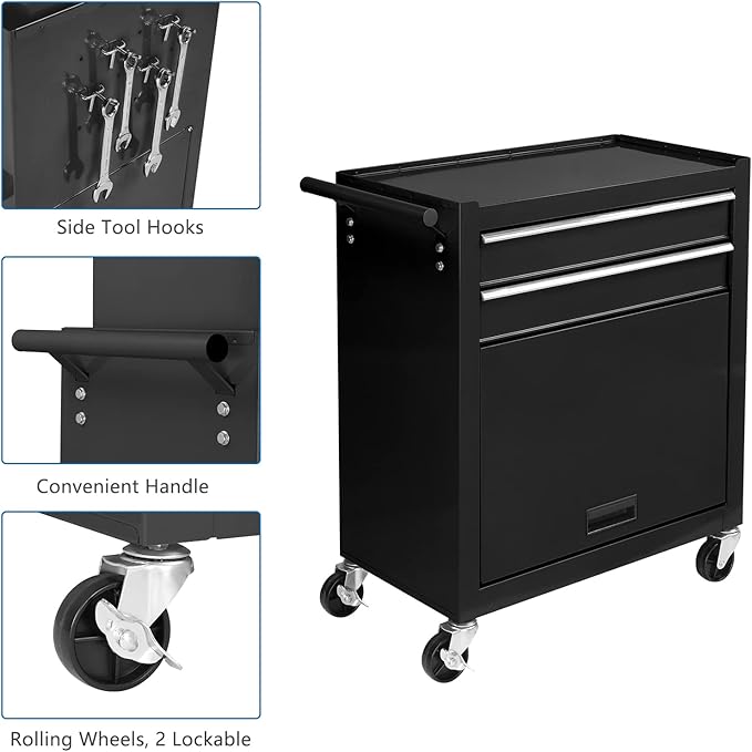 TUFFIOM 8-Drawer Rolling Tool Chest, Tool Storage Cabinet w/Lockable Wheels, Detachable Top, Drawers & Side Hooks, Mechanic Tool Organizer Box for Garage Warehouse Repair Shop