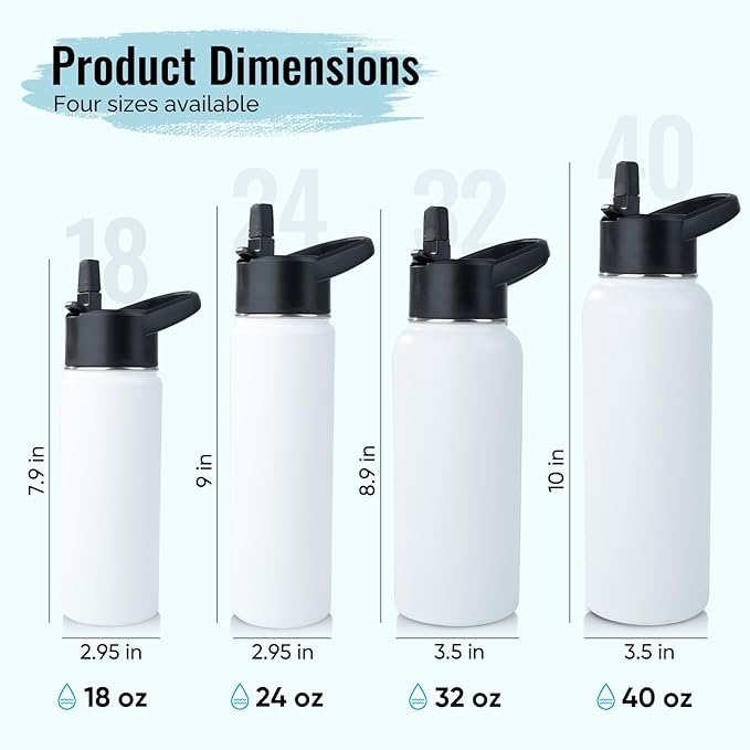 Stainless Steel Water bottle with Straw & Wide Mouth Lid, Wide Rotating Handle, 32oz Double Wall Vacuum Insulated Water Bottle Leak Proof, BPA Free, Keep Cold and Hot, 32oz, White