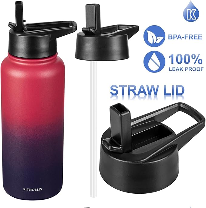 Water Bottle Insulated 32oz Straw Lid, Leak Proof, Vacuum Insulated,Stainless Steel Water Bottle Wide Mouth for Sports, Gym, BPA-Free Keep Cold 24H Hot 12H (Red Purple)
