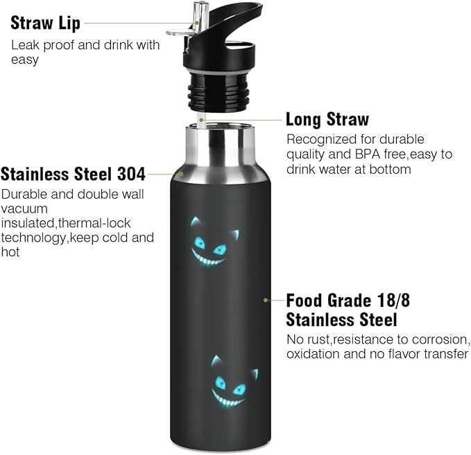 Cheshire Cat Texture Sports Water Bottle, 22 Oz BPA Free Non-Toxic Stainless Steel Water Bottle with Straw for Gym Yoga Fitness Camping