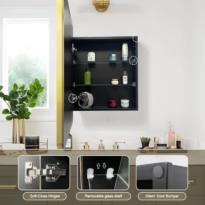 16×26inch Medicine Cabinet,Mirror Cabinet with Beveled Mirror,Solf Close Hinge,Brushed Aluminum Framed,Detachable Side Plate for Recess Mount or Surface Mount,Gold
