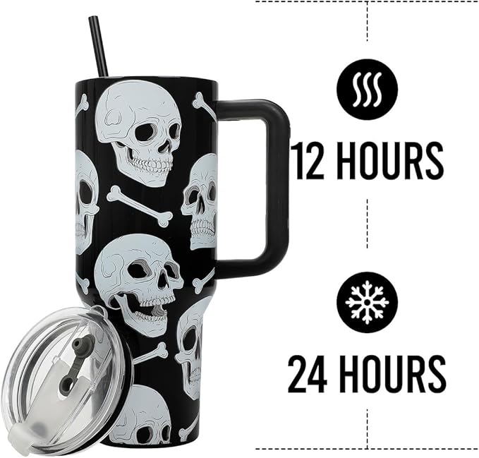 Bioworld Halloween Skulls & Bones 40 Oz Black Stainless Tumbler With Handle