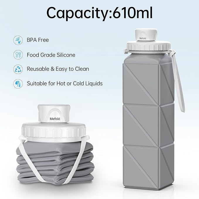 Foldable Water Bottle for Travel Cycling Gym Camping Sports,Leakproof Lid,Food Grade BPA-Free Silicone Travel Bottles 610ml -Lightweight 21oz Portable,Wide Mouth ,Durable,Collapsible Water Bottle