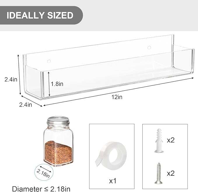 PMMASTO Adhesive Acrylic Spice Rack Organizer for Wall with Nano Double Sided Tape, Spice Shelf Organization for Kitchen Cabinet Door/Pantry Door, Wall Mount Seasoning Rack (Clear-2 Pack)