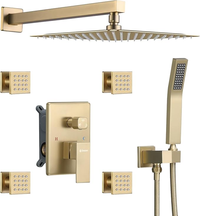 Full Body Rain Shower System with 4 Body Shower Jets & 12’’ Wall Mount Rainfall Shower Head & Handheld, DASAN Multi Shower Head System Brushed Gold Rain Shower Faucets sets Combo with Rough-in Valve