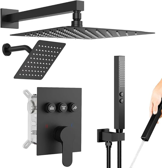 Shower Systems with Rain Shower and Handheld,STARBATH Dual Head 12+6" Rainfall Shower Can Run All Together, Wall Mount Shower Faucet Set with Pressure Balance Valve and Trim Kit, Matte Black