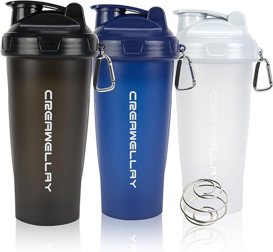 3 Pack Protein Shaker Bottle, 24 oz Protein Shaker Cup with Wire Shaker Ball for Pre Workout, Shake Bottle with Carrying Handle, BPA-Free & Dishwasher Safe (Black, White, Blue)