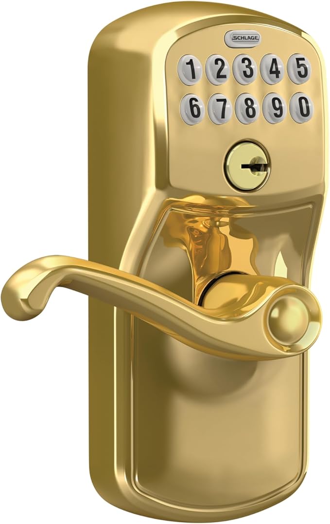SCHLAGE FE595 PLY 505 FLA Plymouth Keypad Entry with Flex-Lock and Flair Style Levers, Bright Brass