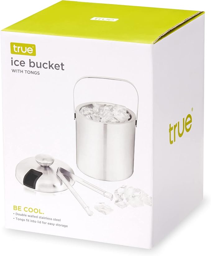 True Stainless Steel Ice Buckets for Parties with Lid, 1.3L Capacity Double Wall Ice Bucket with Tongs, Insulated Ice Bucket for Cocktail Bar, Set of 1