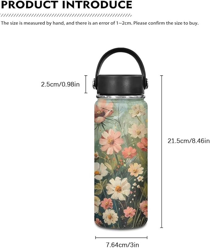 Floral Print Insulated Water Bottle for Women Stainless Steel Sports Water Flask Cup Portable Handle Hot and Cold Water Bottle, 20 Oz