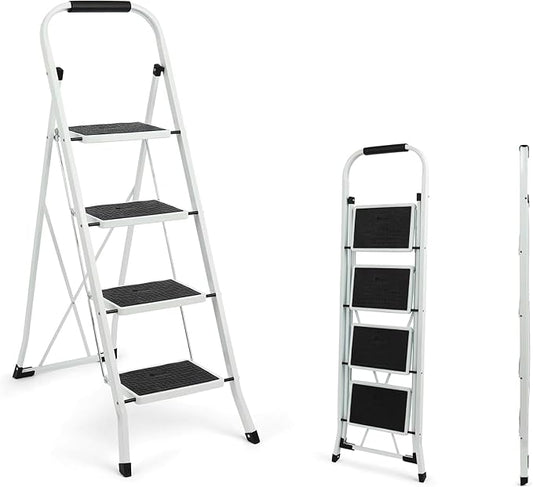 SIMPLI-MAGIC 4-Step Ladder, 350 LBS Capacity Folding Step Stool – Anti-Slip Wide Steps, Rubber Feet, Handgrip – ANSI Certified Lightweight & Durable Steel Stepping Stool for Kitchen, Home & Garage