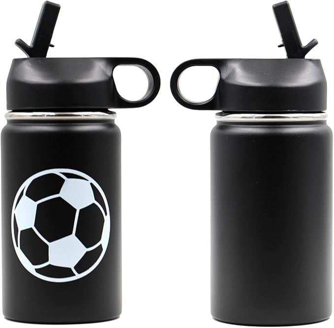 Baseball Softball Water Bottle, Wide Mouth Travel Sports Flask with 2 Lids（Straw Lid+Flex Cap）BPA Free 18/8 Stainless Steel Double Wall Vacuum Insulated Water Bottles (12oz, Soccer)