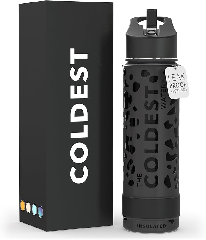 Coldest Sports Water Bottle with Straw Lid Vacuum Insulated Stainless Steel Metal Thermos Bottles Reusable Leak Proof Flask for Sports Gym (24 oz, Black Leopard)