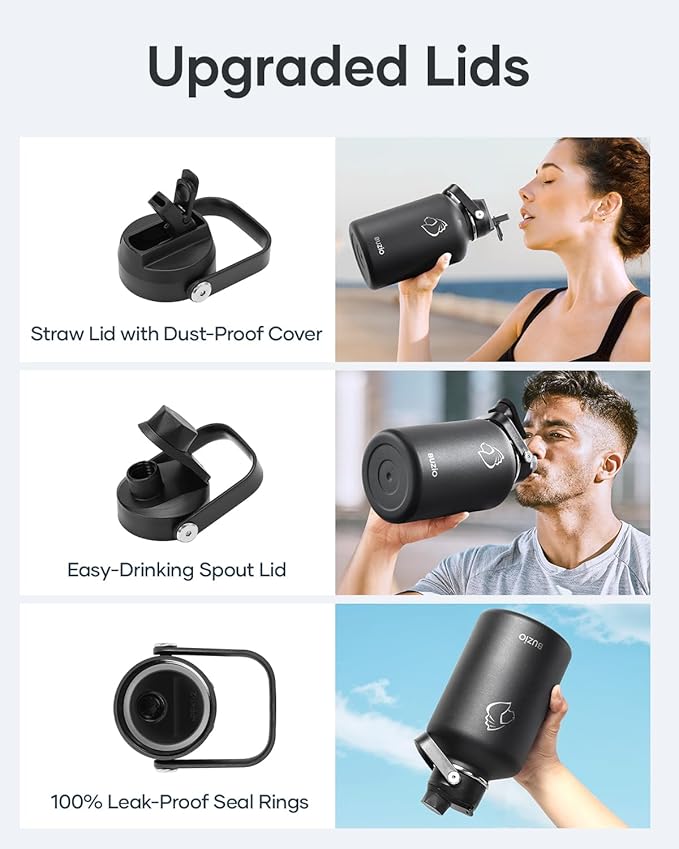 BUZIO 64oz Insulated Water Bottle, Half Gallon Stainless Steel Water Jug with Straw Lid and Carrying Pouch, Keep Cold 48H Double Wall Vacuum Lead-Free Metal Drinking Flask for Gym Beach, Black