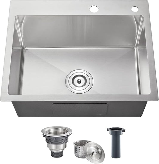 POPFLY 22” Kitchen Sink, 22 x 18 Inch Drop in 304 Stainless Steel Single Bowl Sink 2-Hole, Topmount Handmade Small Prep Bar Sink, Brushed