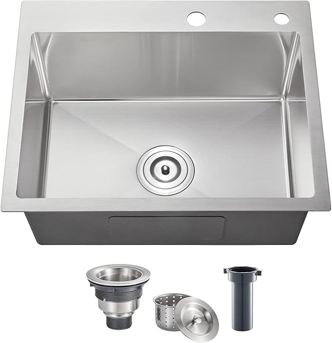POPFLY 20×16 inch Drop In Kitchen Sink, 304 Stainless Steel Overmount Single Bowl Small Prep Bar Sink, 18 Gauge Top mount Handmade Deep Kitchen Sinks with 2 Holes, Brushed