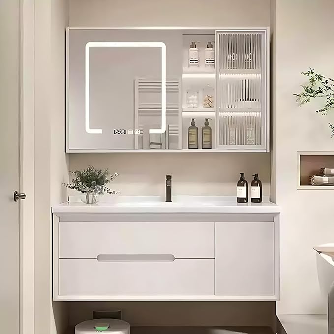 40in Elegant Bathroom Vanity with Sinks - Wall-Mounted Cream Medicine Cabinet for Bathroom, Featuring an Intelligent Defogging Mirror & LED Lighting | 2 Drawers