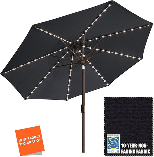 EliteShade USA 10-Year-Non-Fading Solar 9ft Market Umbrella with 80 LED Lights Patio Umbrellas Outdoor Table Umbrella with Ventilation, Black